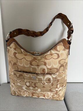 Coach Beige/Tan Signature Jacquard Shoulder Bag with Braided Handle